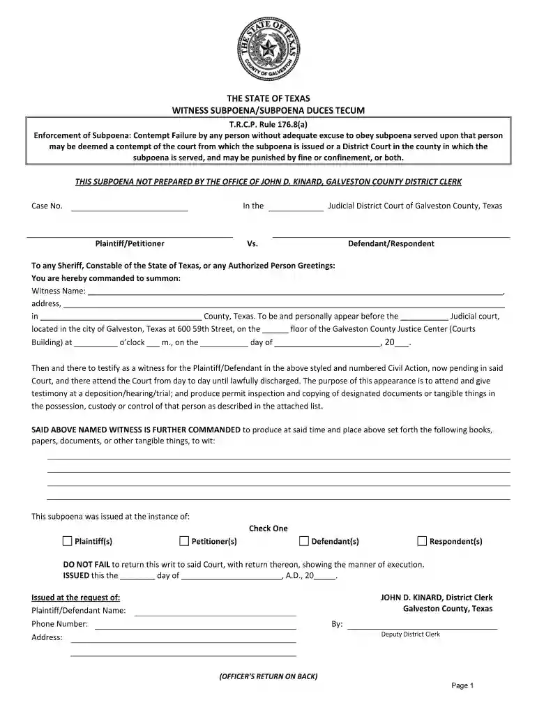 texas subpoena request form Preview on Page 1