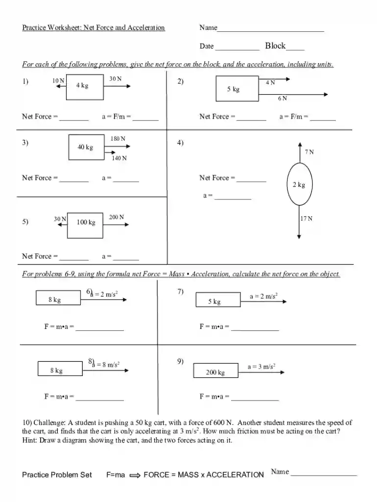 Net Force and Acceleration Practice Worksheet doc Preview on Page 1