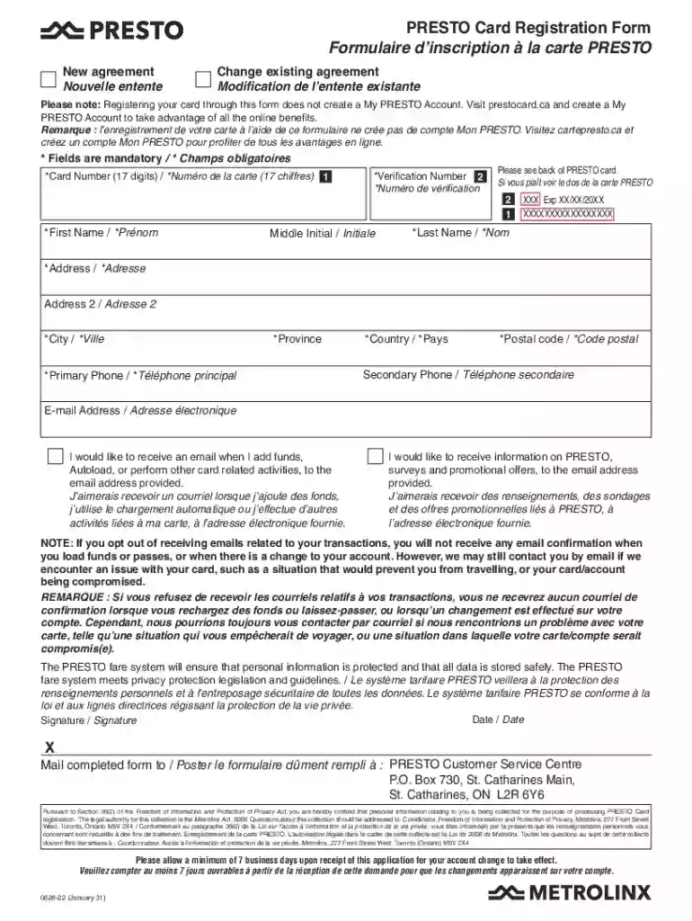 presto card registration form Preview on Page 1