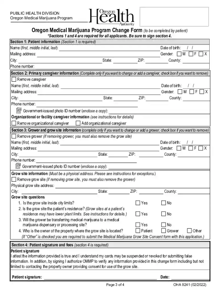 Oregon Medical Marijuana Grower Change Form Preview on Page 1