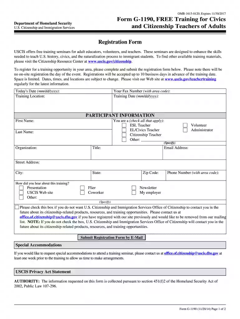 Registration Form Form G-1190, FREE Training for Civics and ... - uscis Preview on Page 1
