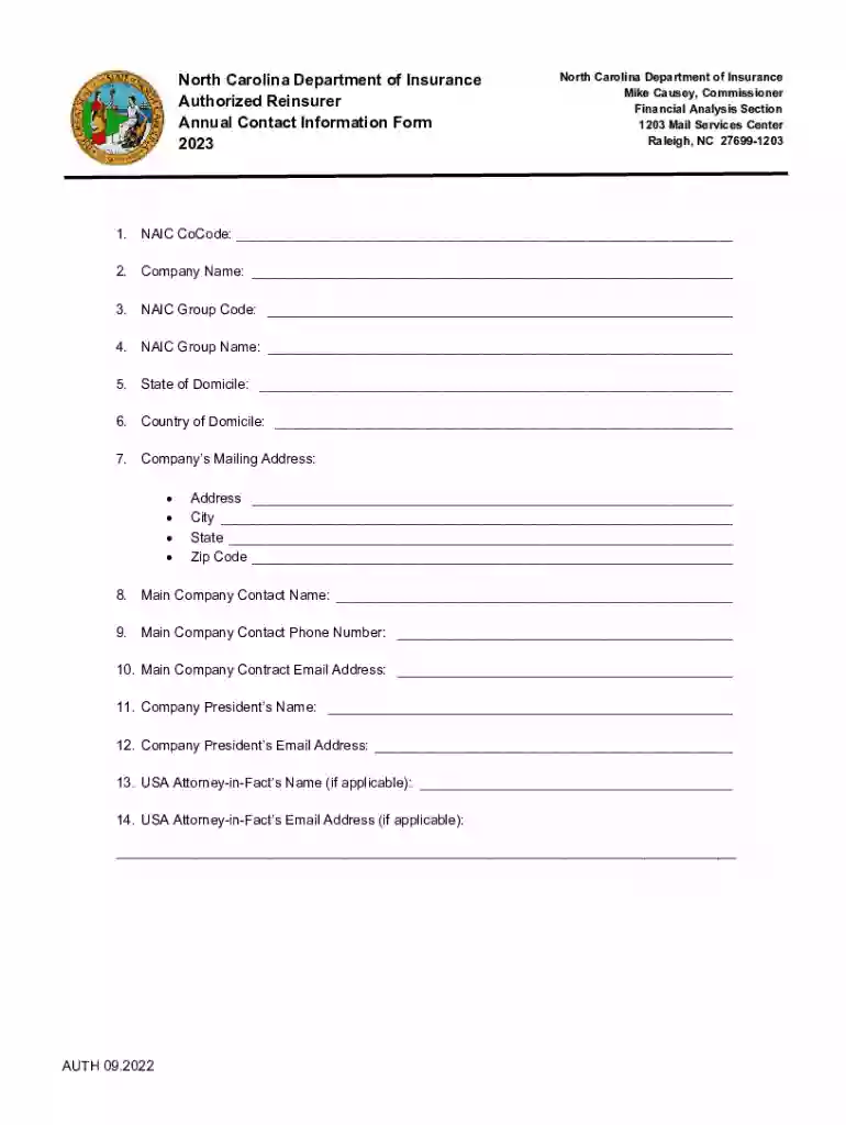 Authorized Reinsurer Annual Contact Information Form Preview on Page 1