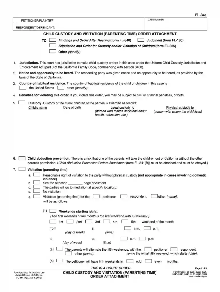 CHILD CUSTODY AND VISITATION (PARENTING TIME) ORDER ATTACHMENT Preview on Page 1