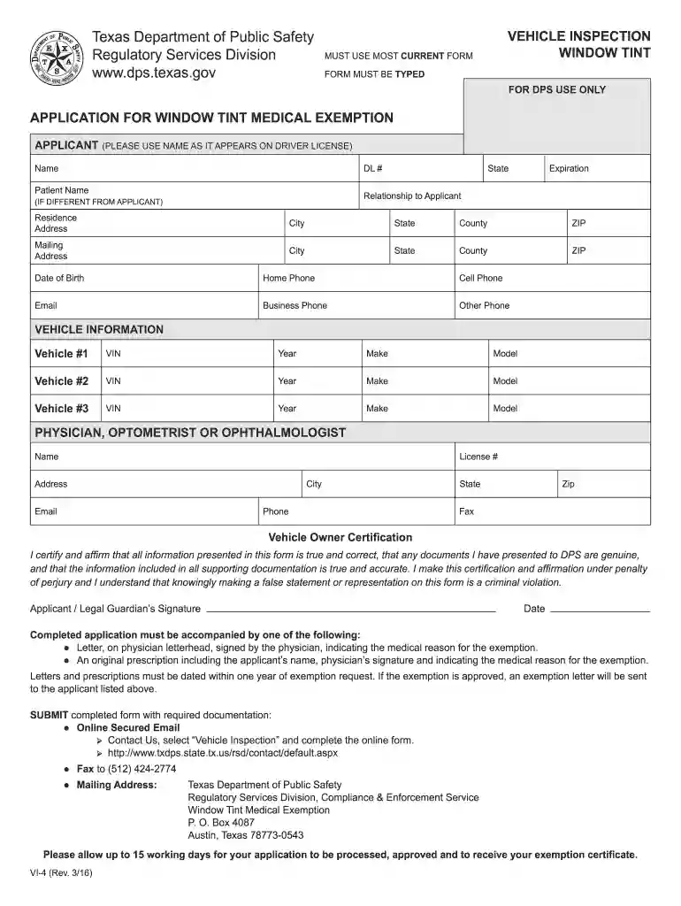 texas window tint exemption form Preview on Page 1