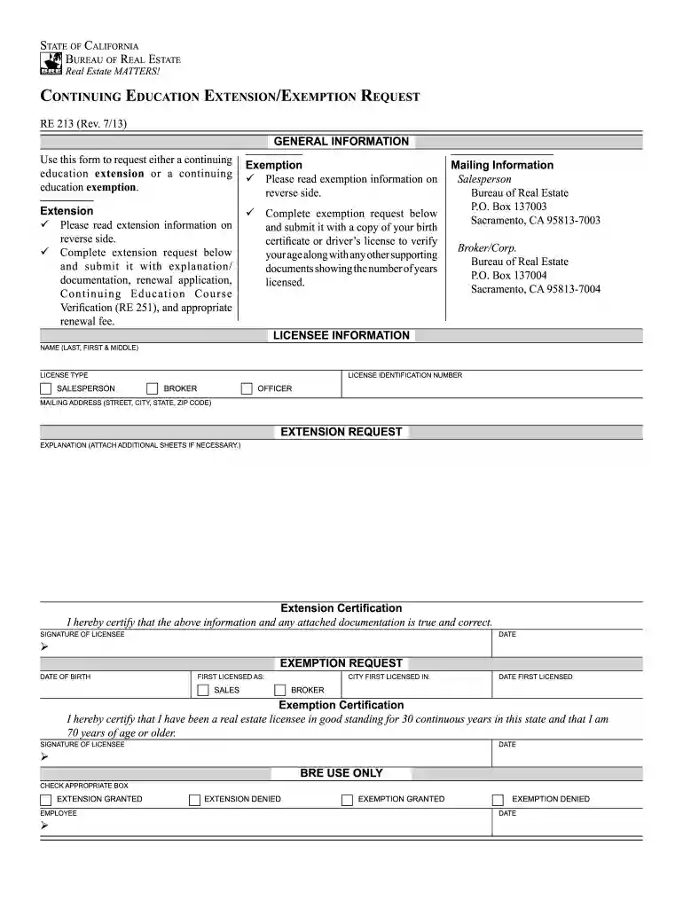 continuing education extension exemption request re 213 form Preview on Page 1
