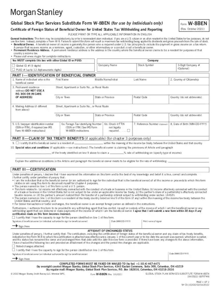 Global Stock Plan Services Substitute Form W-8BEN (for use by Individuals only) Preview on Page 1