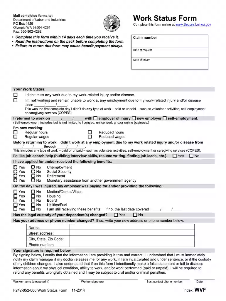work status form lni Preview on Page 1