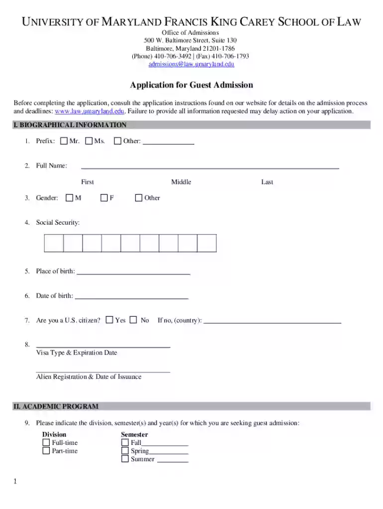 University of Maryland Guest Admission Application Preview on Page 1