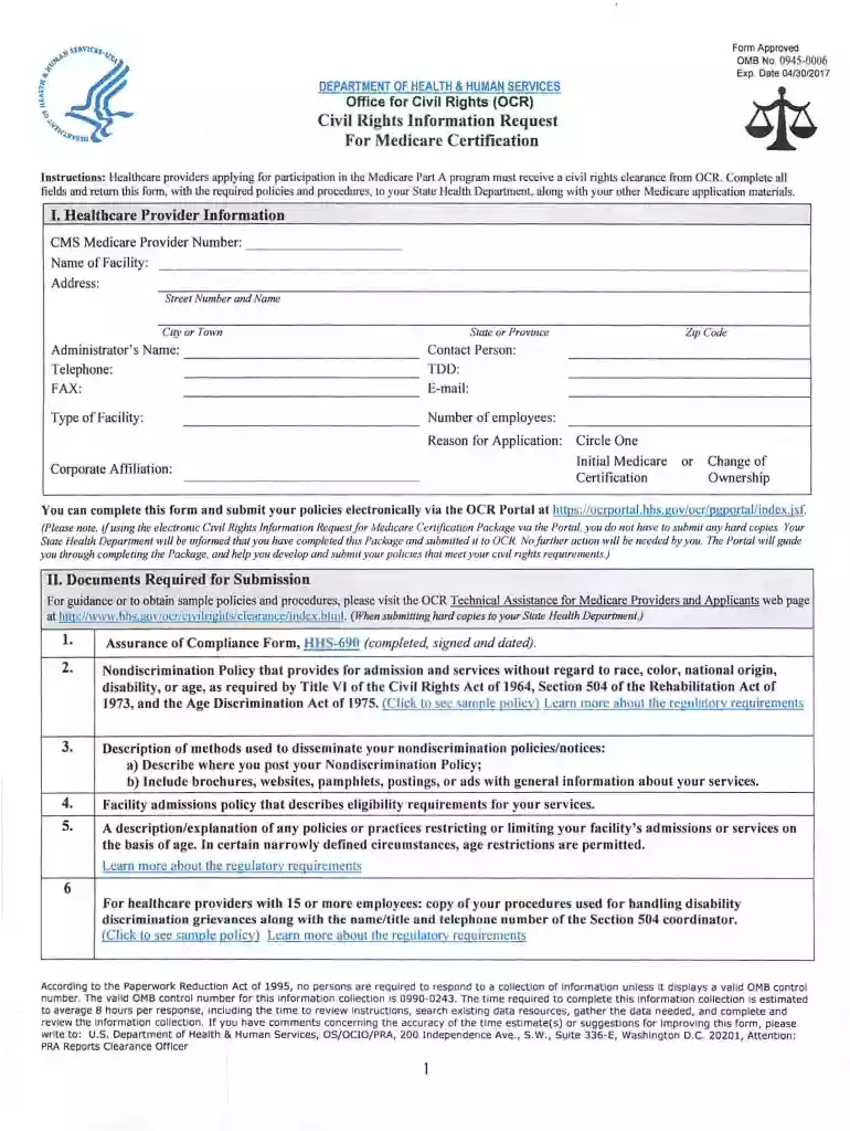 2014 HHS Civil Rights Information Request for Medicare Certification Preview on Page 1