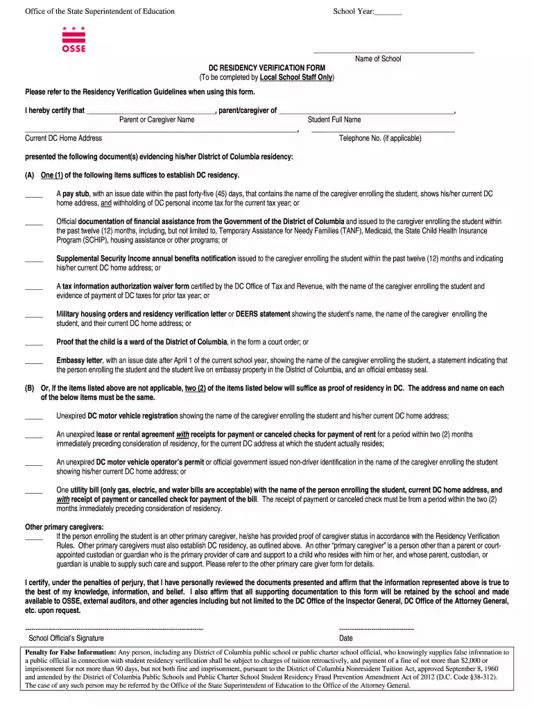 dc residency verification form Preview on Page 1
