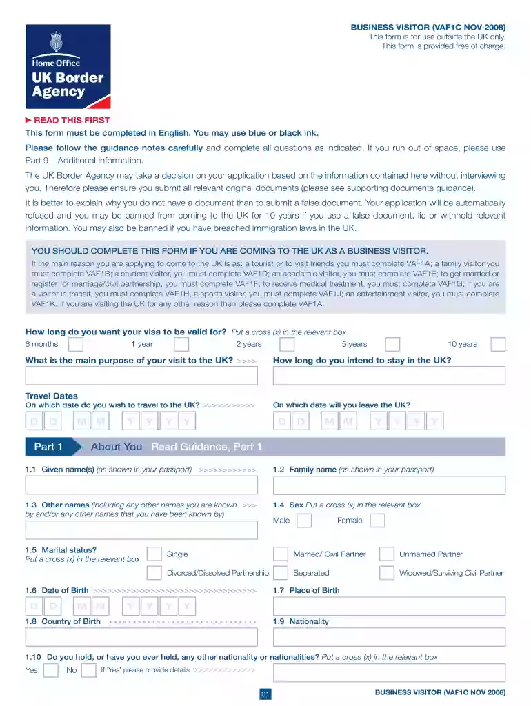 business visitor vaf1c nov 2008 form Preview on Page 1