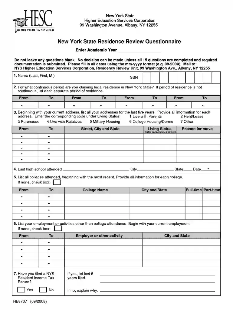 new york state residency review questionnaire Preview on Page 1