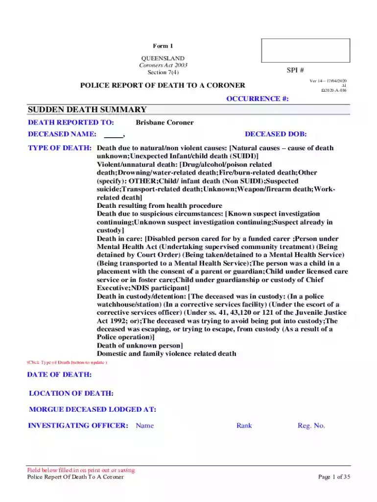 Form 1 Report of a death to a Coroner Preview on Page 1