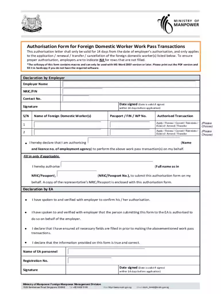 Authorisation Form for Foreign Domestic Worker Work Pass Preview on Page 1