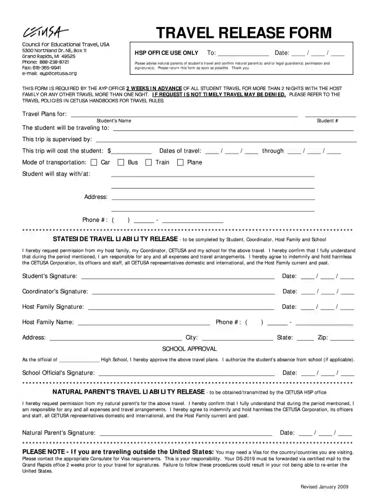 TRAVEL RELEASE FORM - CETUSA - cetusa Preview on Page 1