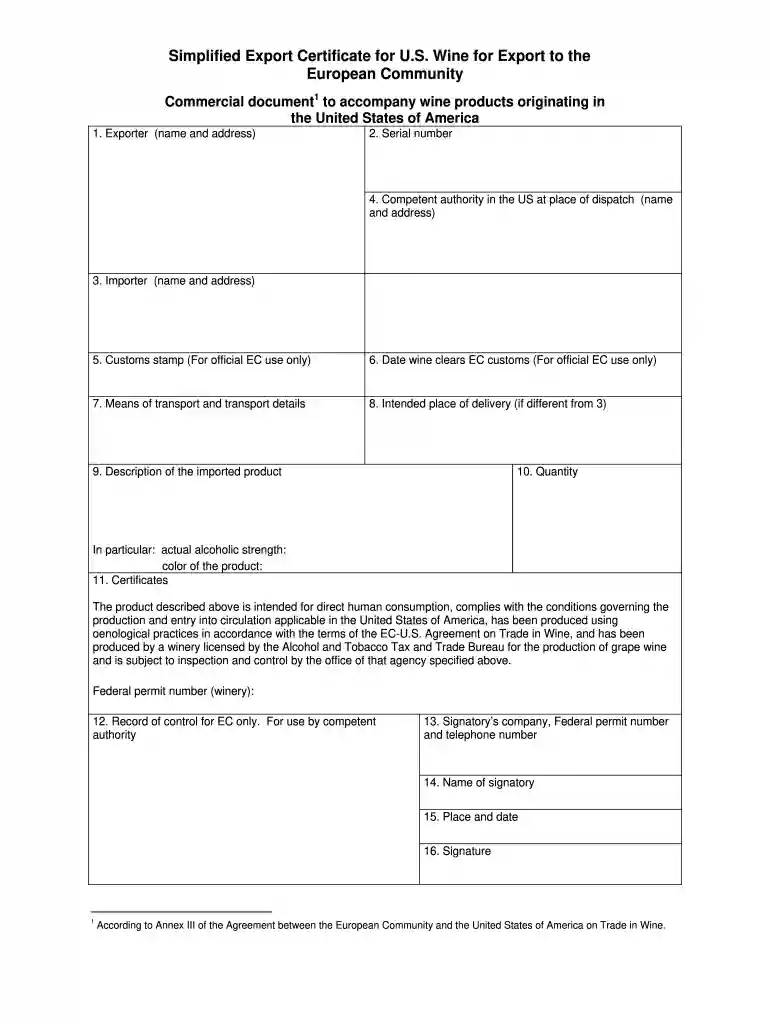 wine export certificate Preview on Page 1