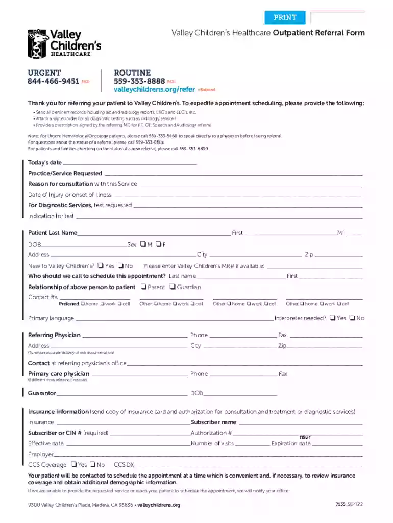Valley Children's Healthcare Outpatient Referral Form Preview on Page 1
