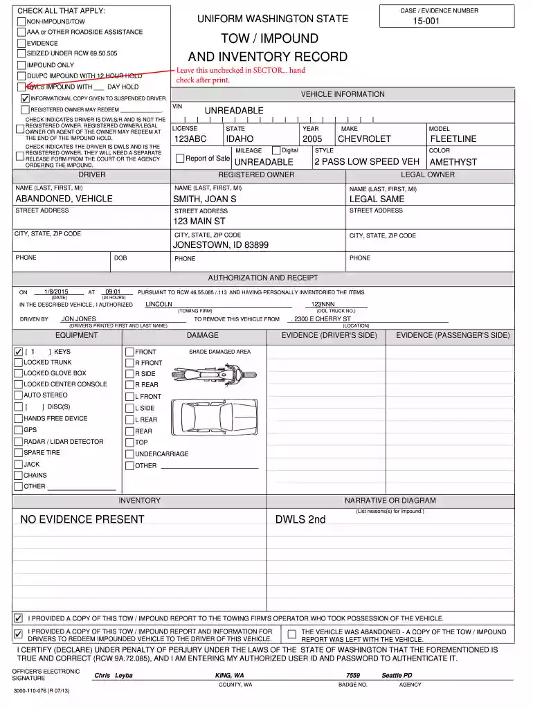 police vehicle inventory form Preview on Page 1
