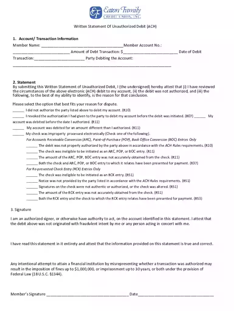Written Statement Of Unauthorized Debit (ACH) 1 Account Preview on Page 1