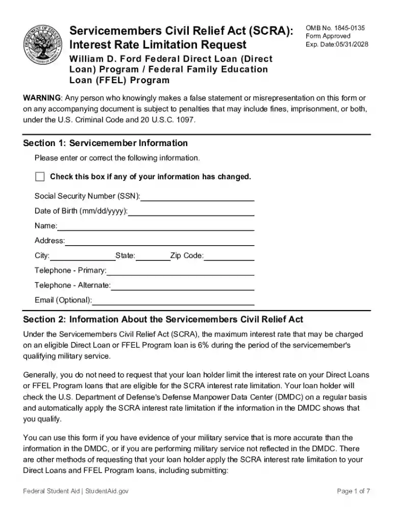 Servicemembers Civil Relief Act (SCRA) Interest Rate Limitation Request Preview on Page 1