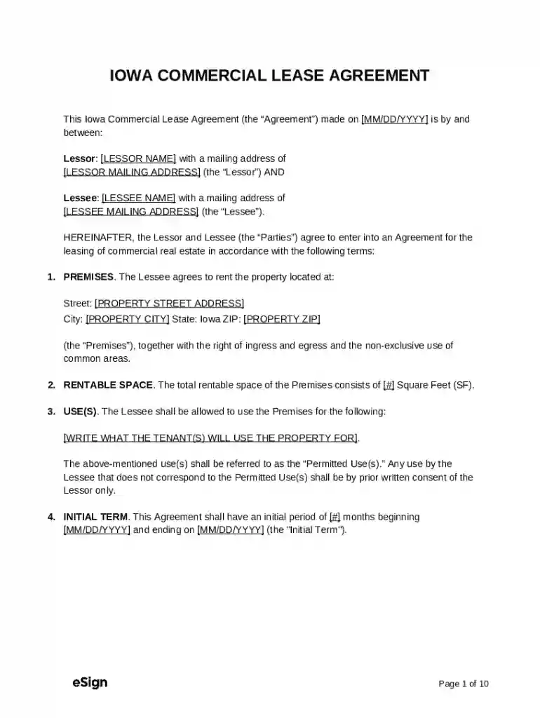 IOWA COMMERCIAL LEASE AGREEMENT Preview on Page 1