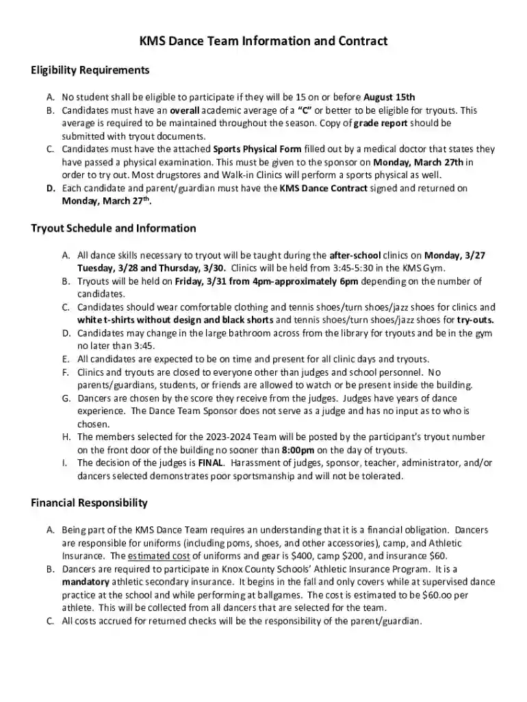 KMS Dance Team Information and Contract Preview on Page 1