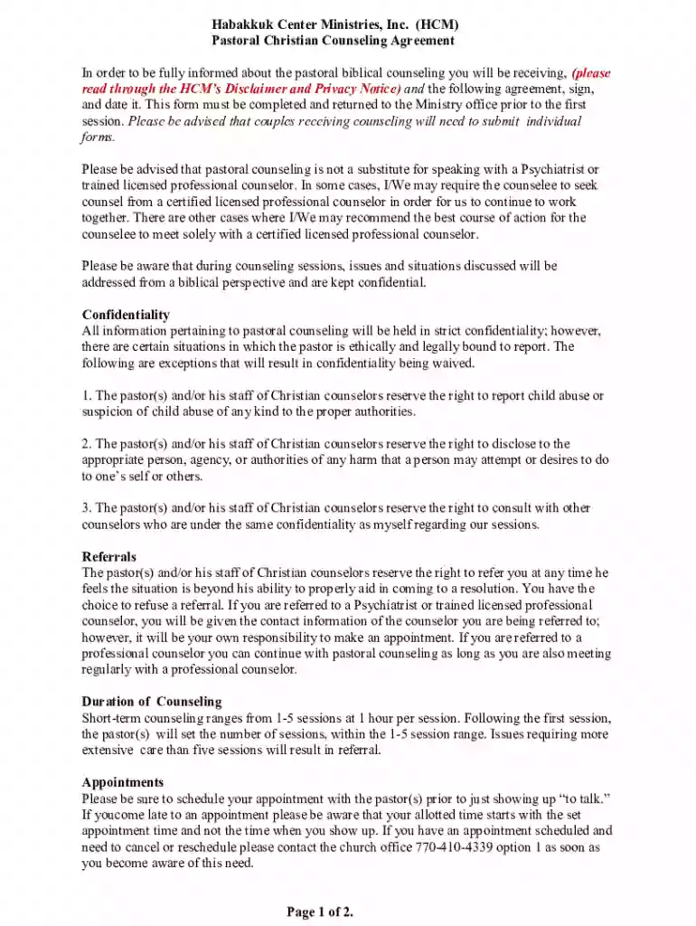 Pastoral-Christian-Counseling-Agreement Preview on Page 1