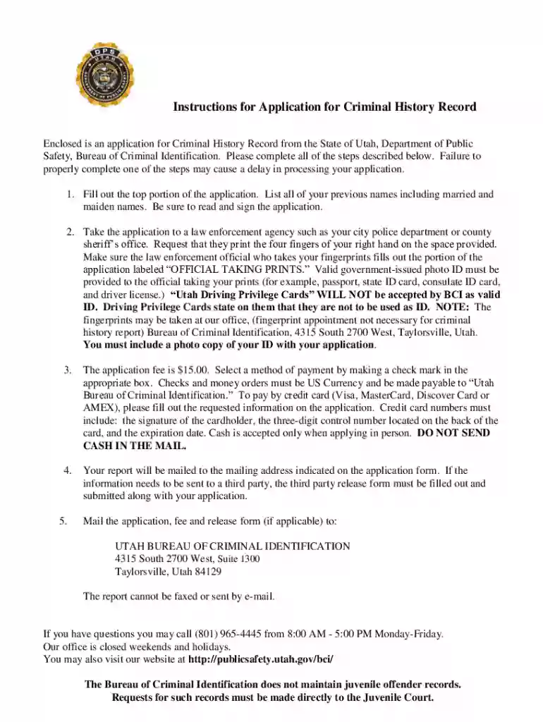 Utah Criminal History Record Application Preview on Page 1