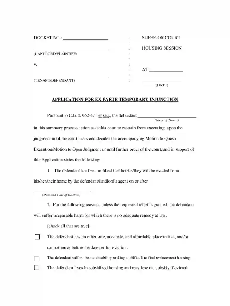 Connecticut Ex Parte Temporary Injunction Application Preview on Page 1