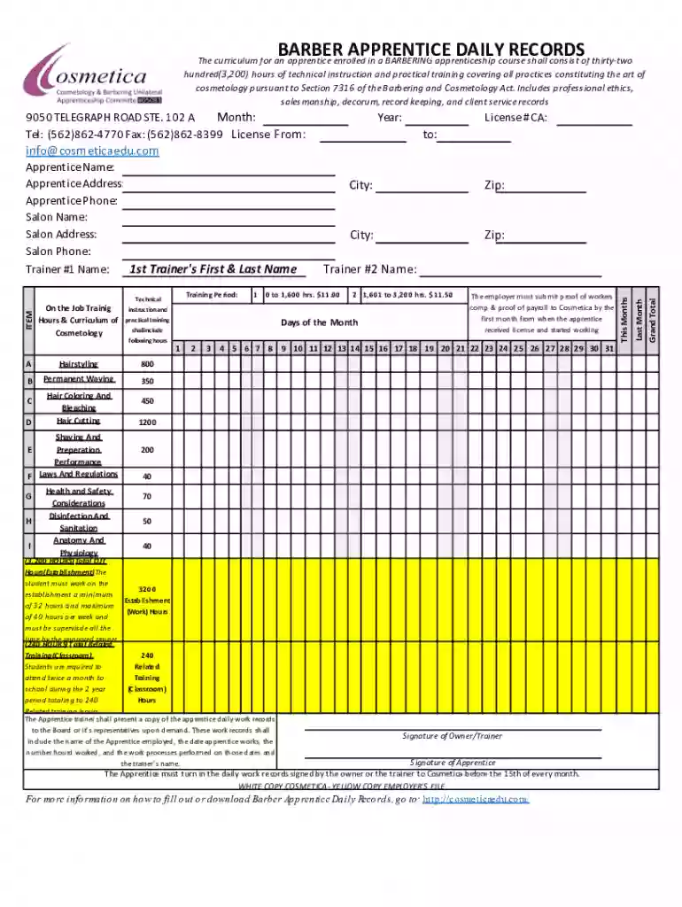 barber apprentice daily records Preview on Page 1