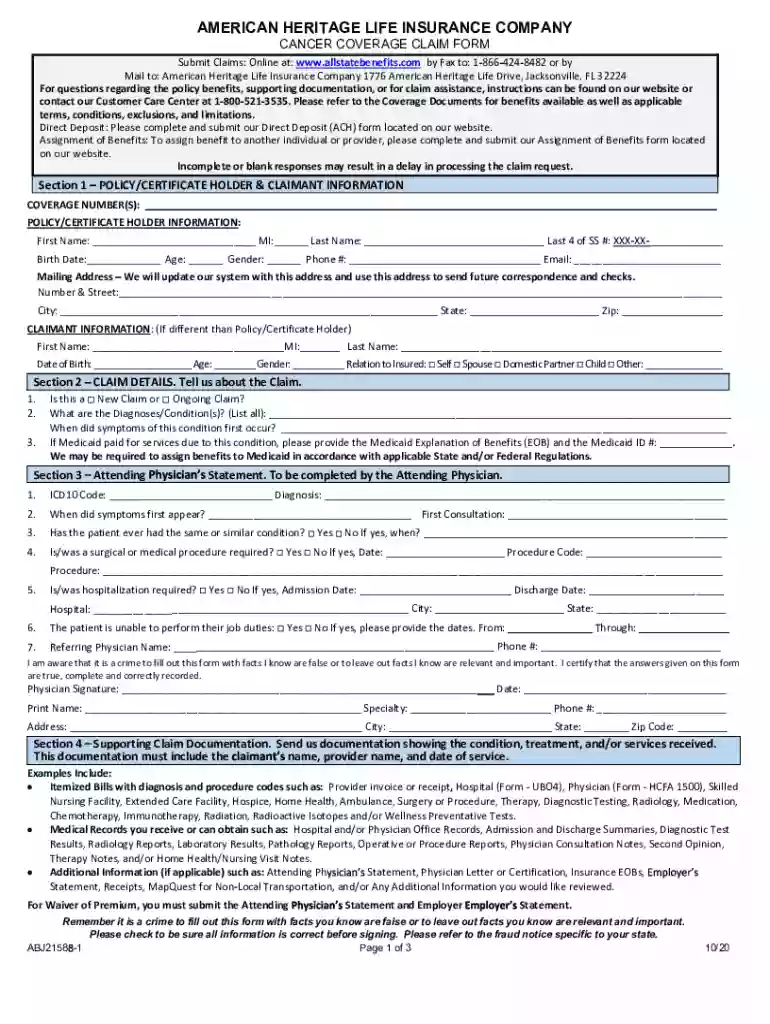 Allstate Cancer Policy - Claim Form Preview on Page 1