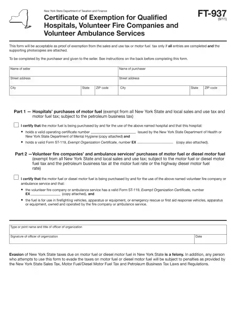 Form FT-937:9/11:Certificate of Exemption for Qualified Hospitals ... - tax ny Preview on Page 1
