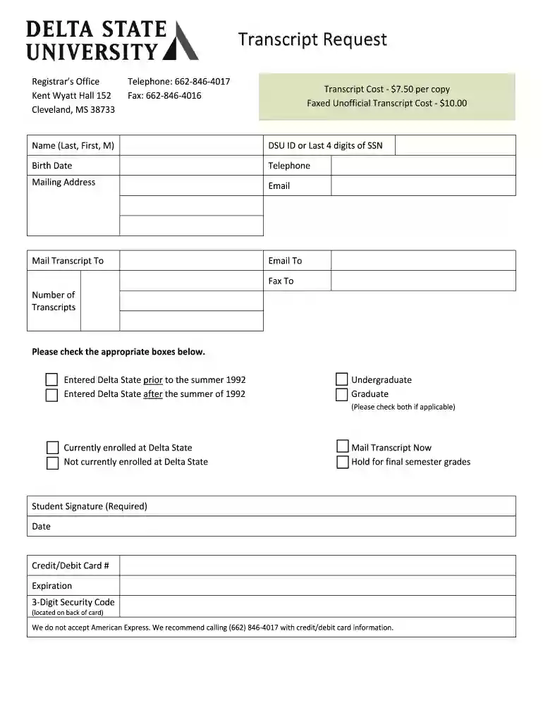 delta state university transcript request Preview on Page 1