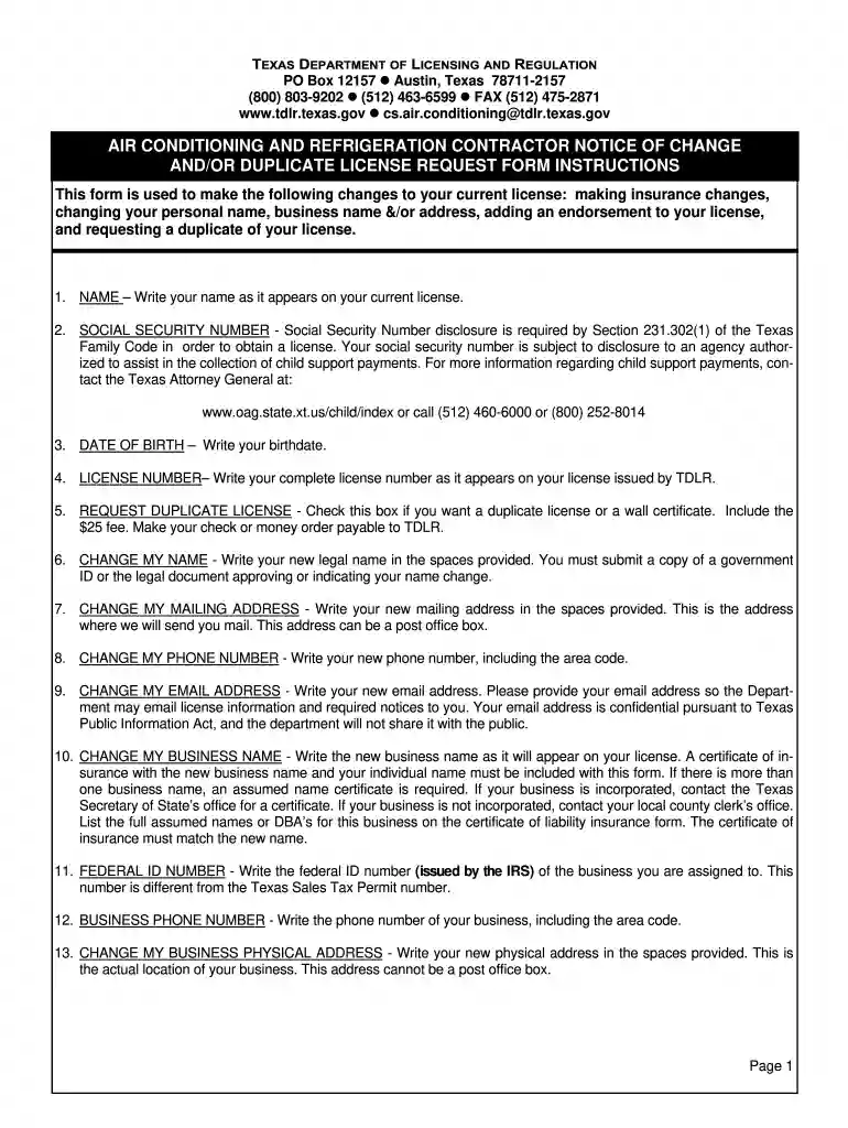 Texas Air Conditioning and Refrigeration Contractor License Change Form Preview on Page 1