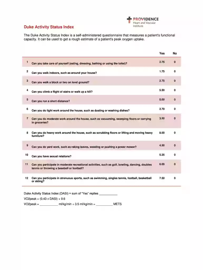 The Duke Activity Status Index is a self-administered questionnaire that measures a patient's functi Preview on Page 1
