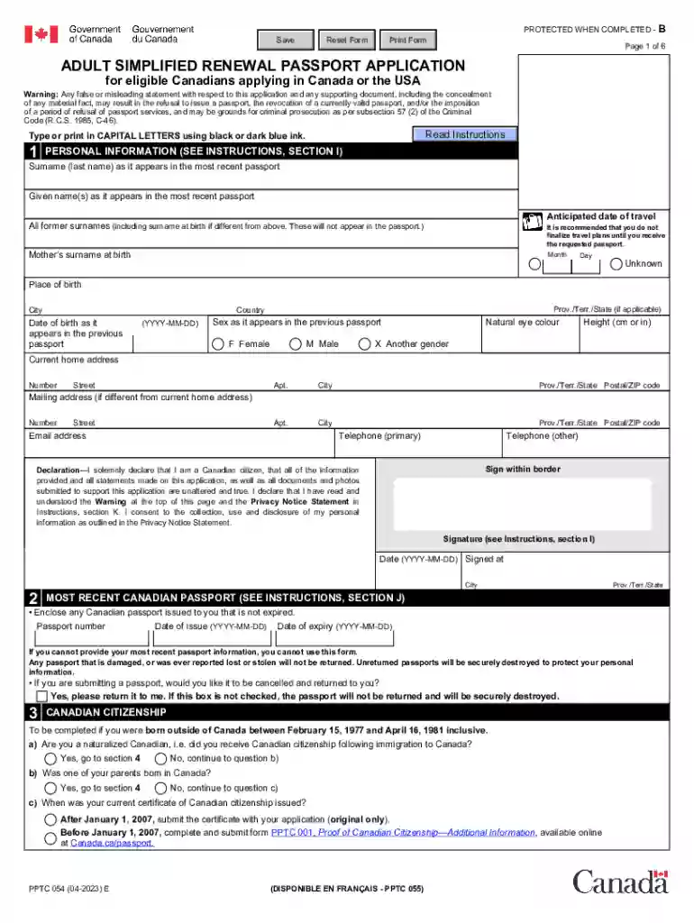 PPTC 054 E : Adult Simplified Renewal Passport Application for Eligible Canadians Applying in Canada Preview on Page 1