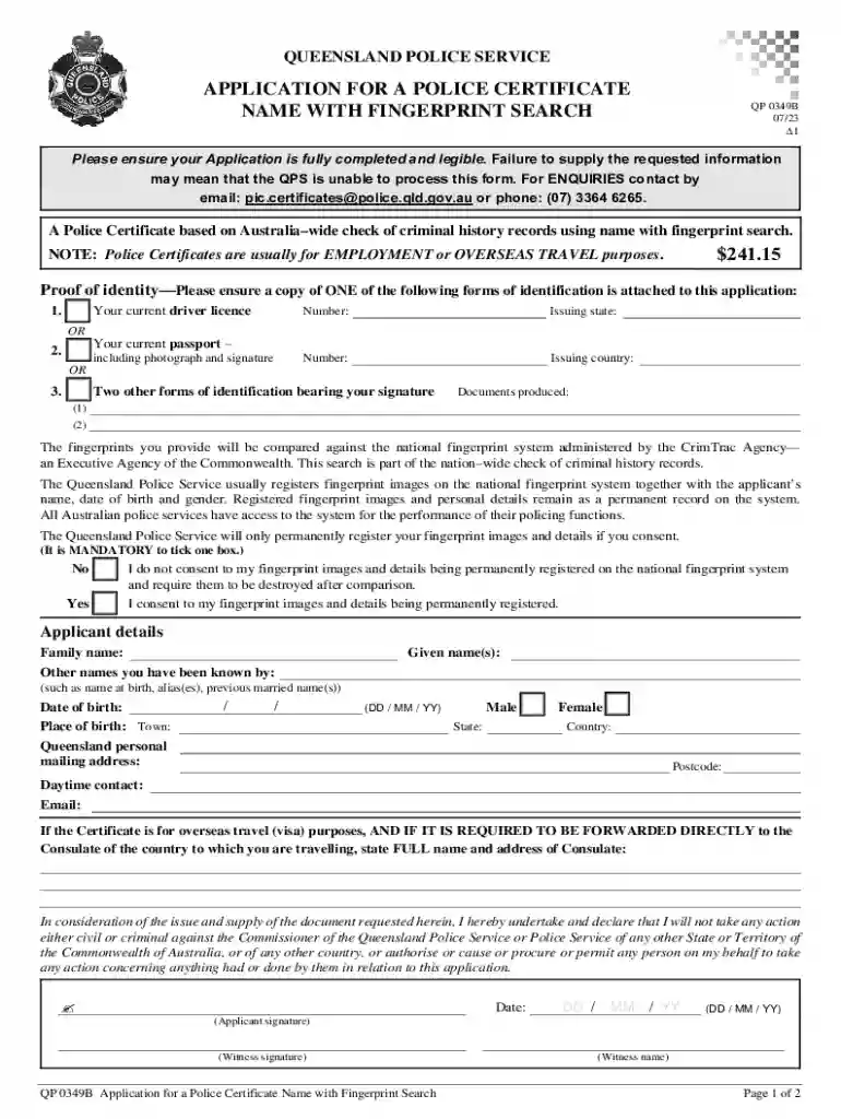APPLICATION FOR A POLICE CERTIFICATE NAME WITH FINGERPRINT SEARCH Preview on Page 1
