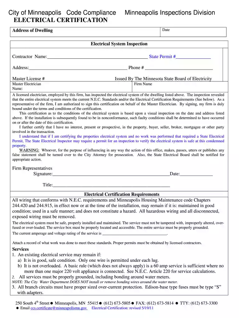 ELECTRICAL CERTIFICATION - City of Minneapolis - minneapolismn Preview on Page 1