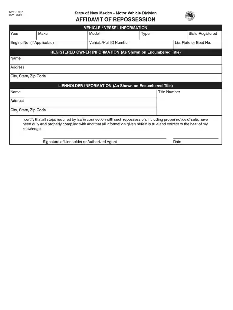 affidavit of repossession Preview on Page 1