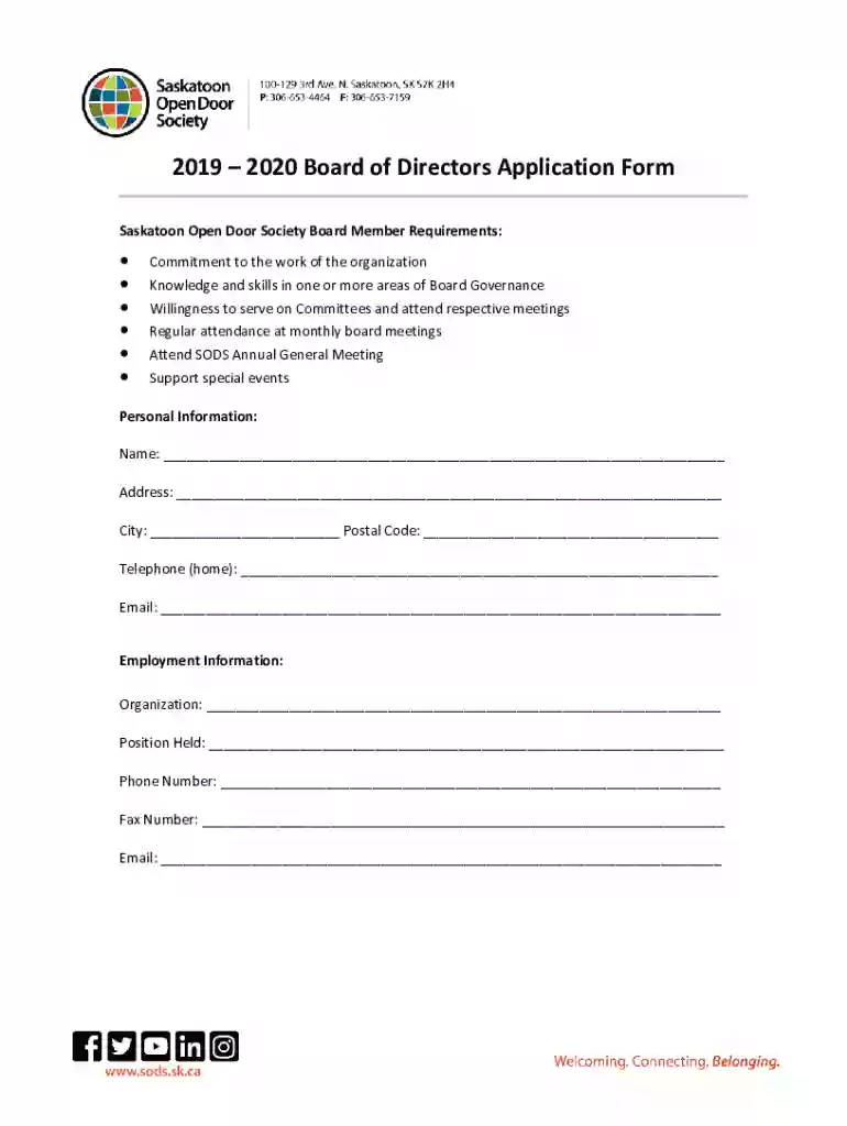 20192020 Board of Directors Application Form Preview on Page 1