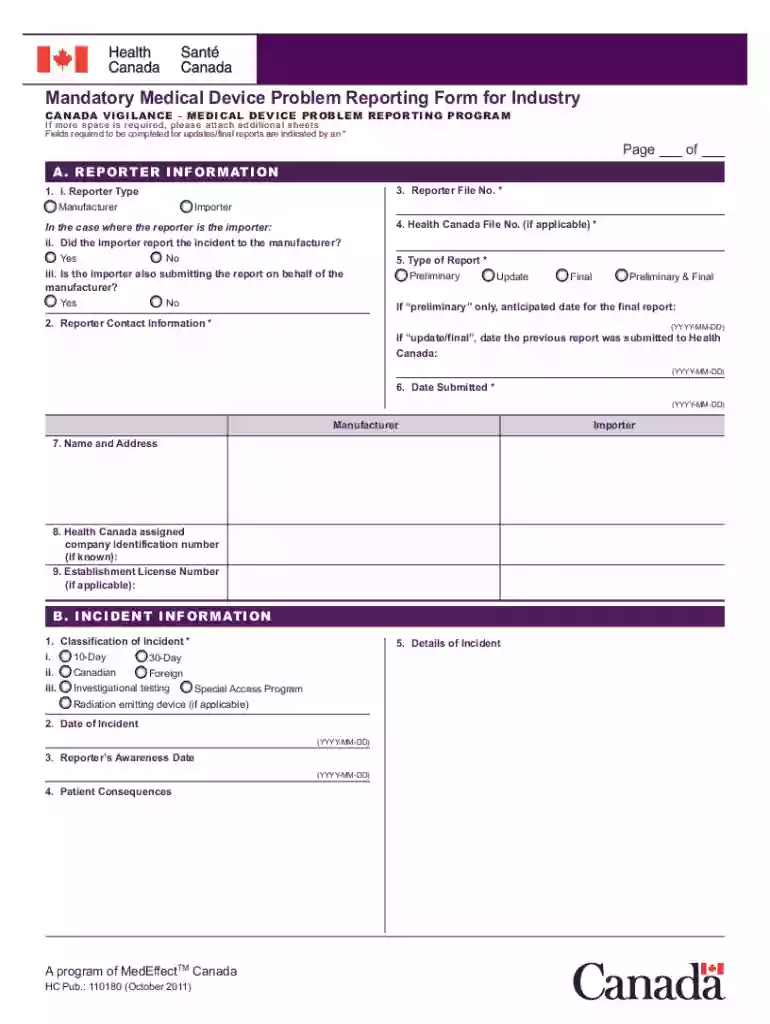 mandatory medical device problem reporting form for industry Preview on Page 1