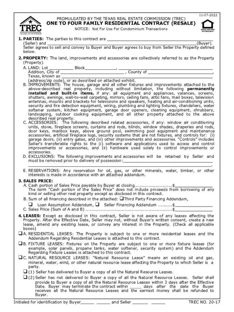 one to four contract texas Preview on Page 1