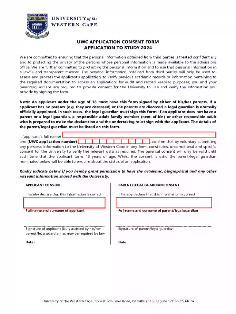 UWC APPLICATION CONSENT FORM APPLICATION TO STUDY Preview on Page 1