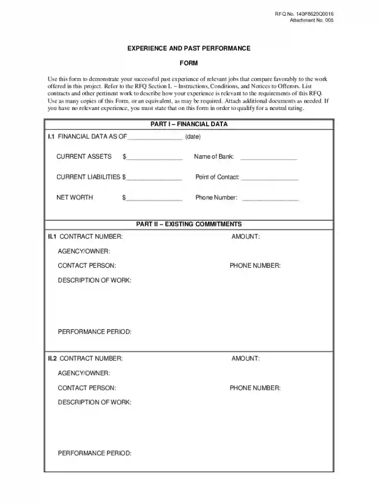 EXPERIENCE AND PAST PERFORMANCE FORM Use Preview on Page 1