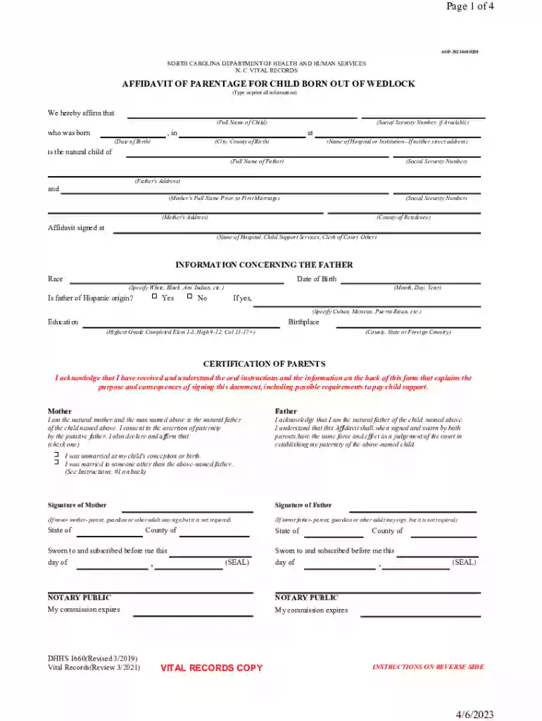 Affidavit of Parentage for Child Born out of Wedlock Form and Instructions Preview on Page 1