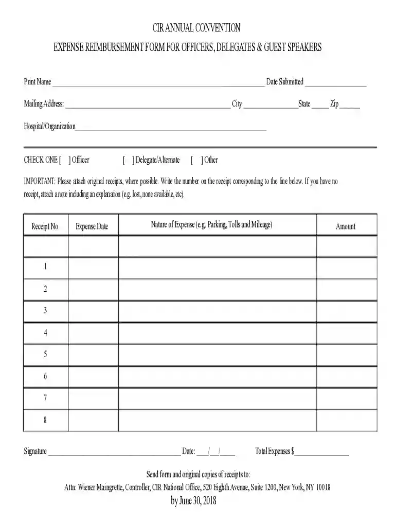 2018 Delegate Reimbursement Form Preview on Page 1