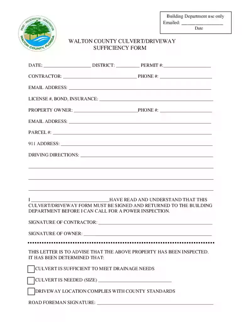 WALTON COUNTY CULVERT DRIVEWAY SUFFICIENCY FORM Preview on Page 1