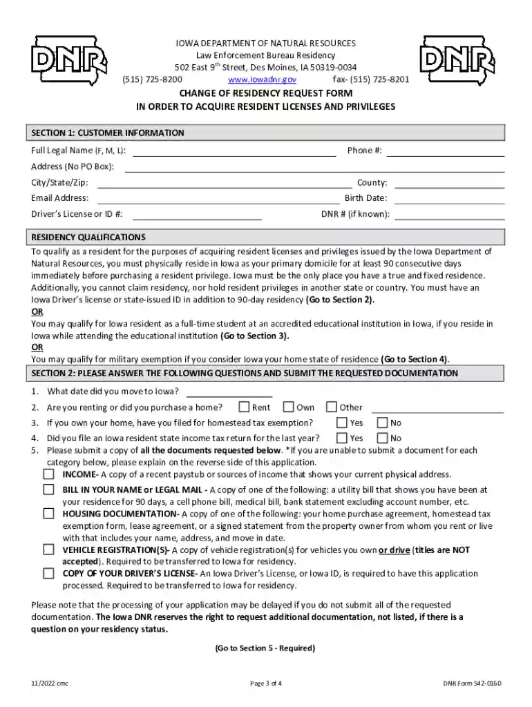 Change of Residency Request Form in order to acuire resident licenses and privileges Preview on Page 1
