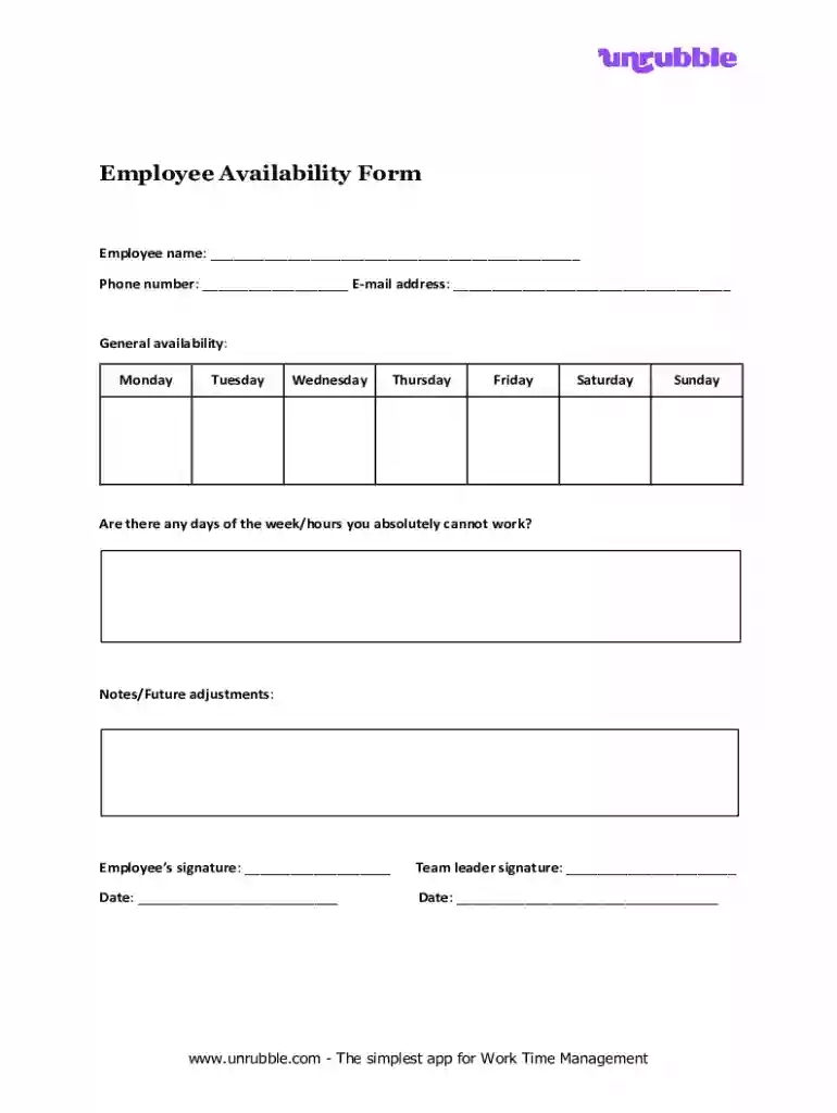 Employee Availability Form Preview on Page 1