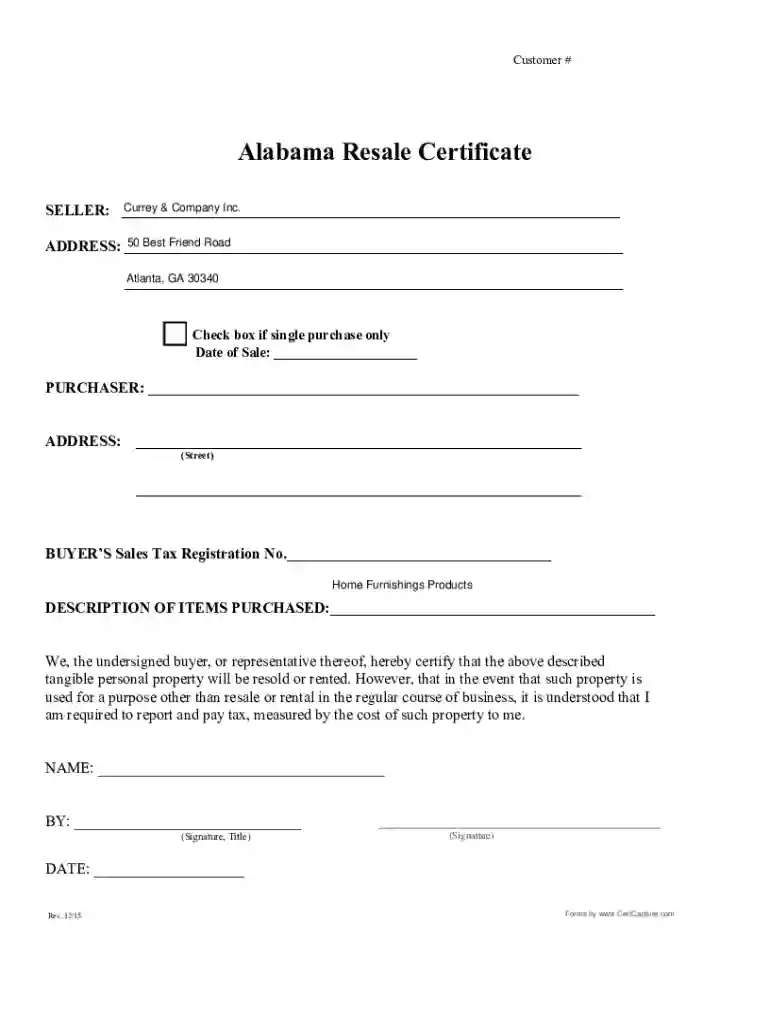 Alabama Resale Certificate Preview on Page 1